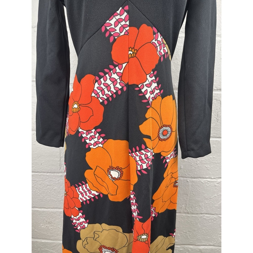 Vintage 70s Sears Psychedelic Maxi Dress Small Medium Floral Black Red Orange - Picture 2 of 8